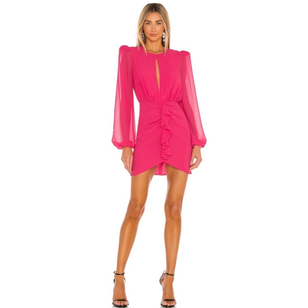 NBD Hot Pink Long Sleeve Mini Dress with Ruffle Front